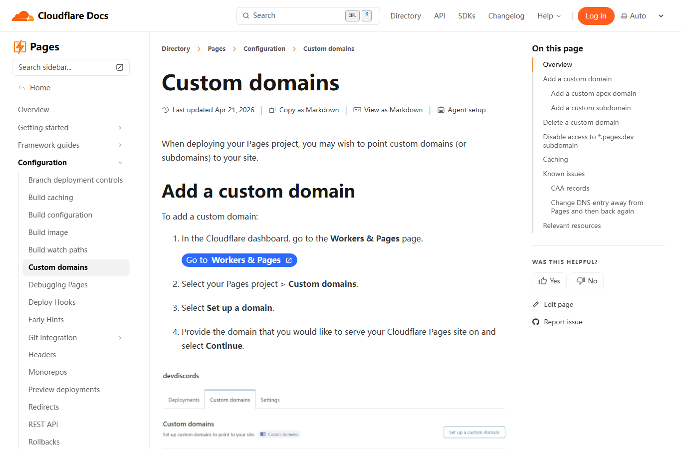 Cloudflare Pages custom domains 文档截图