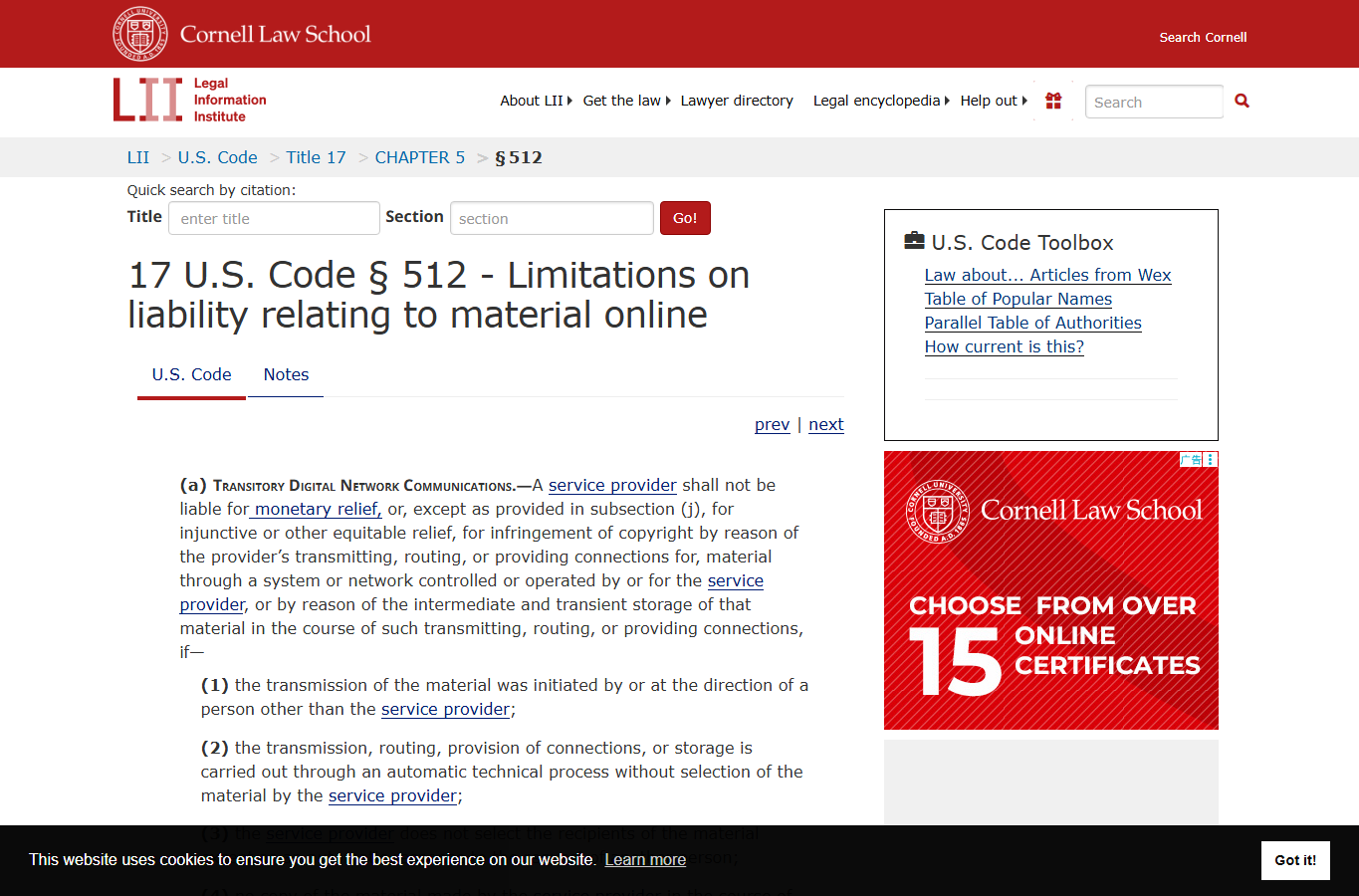 Cornell LII 17 U.S.C. 512 截图