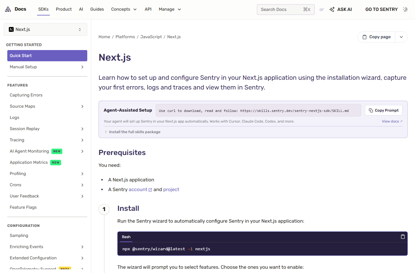 Sentry Next.js 文档截图