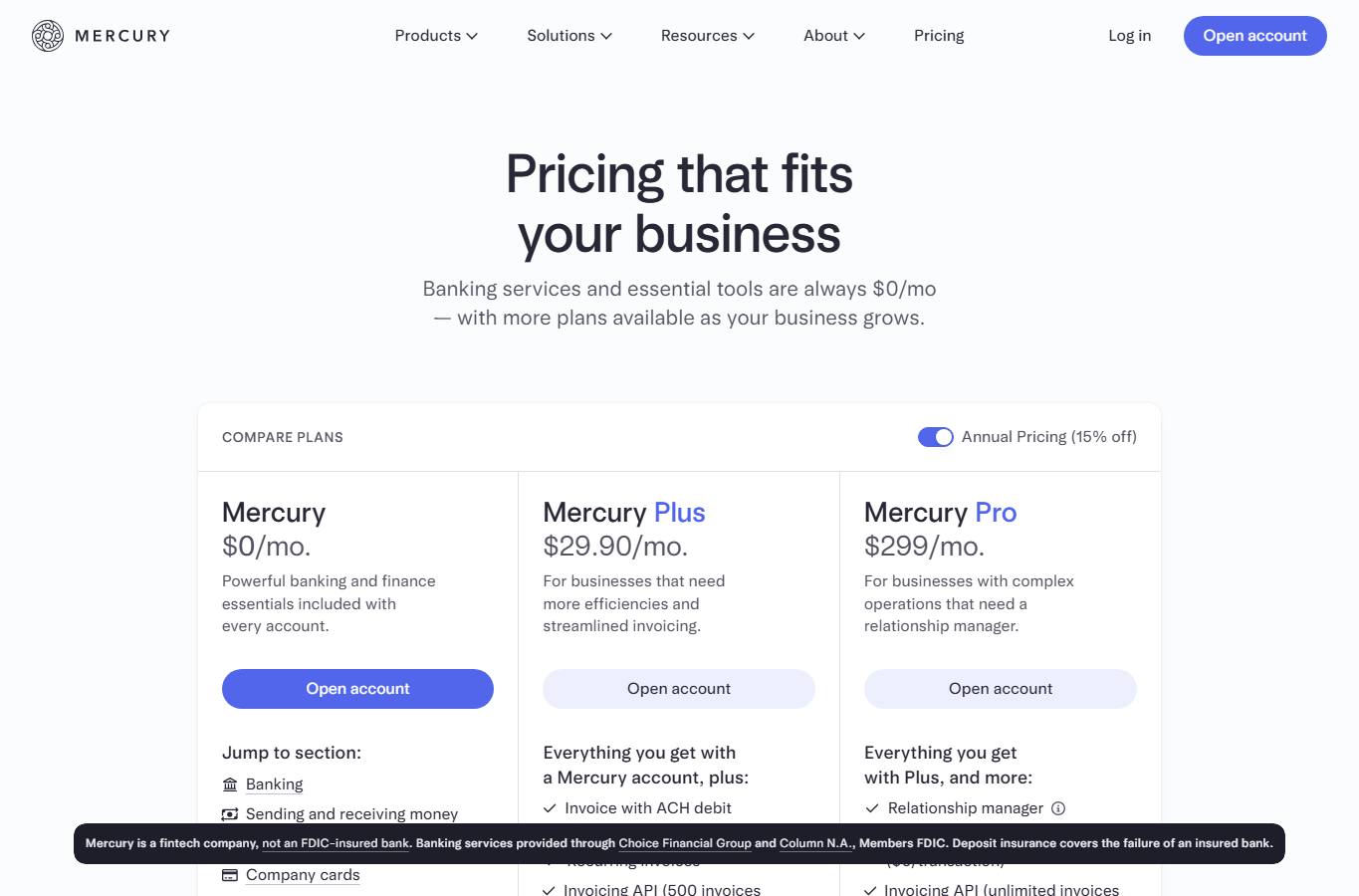 Mercury pricing 页面截图