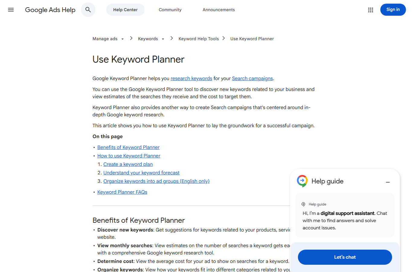 Google Keyword Planner 帮助截图